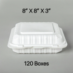 [Bulk 120 Cases] Square White Plastic 3-Compartment Hinged Food Container 8" X 8" X 3" - 150/Case