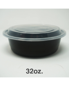 32 oz. Round Black Plastic Deli Container Set - 150/Case