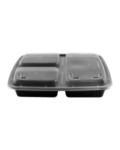 32 oz. Rectangular Black Plastic 3 Compartment Container Set (333) - 150/Case