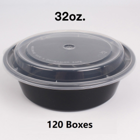 [Bulk 120 Cases] 32 oz. Round Black Plastic Container Set (729) - 150 Set/Case
