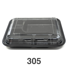 305 Rectangular Black Plastic Bento Box Set 9 3/8" X 7 1/2" X 1 3/8" - 252/Case