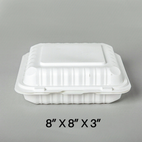 [Bulk 30 Cases] Square White Plastic 3-Compartment Hinged Food Container 8