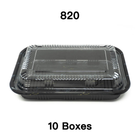 Choice 11 x 8 1/2 x 3 Microwaveable 3-Compartment Black / Clear Plastic  Hinged Container - 100/Case