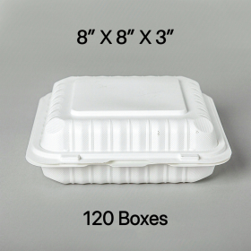 [Bulk 120 Cases] Square White Plastic 3-Compartment Hinged Food Container 8