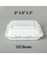 [Bulk 120 Cases] Square White Plastic 3-Compartment Hinged Food Container 8" X 8" X 3" - 150/Case